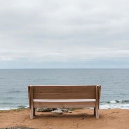 An empty wooden bench facing a vast, calm ocean under a cloudy sky, evoking a sense of solitude and introspection