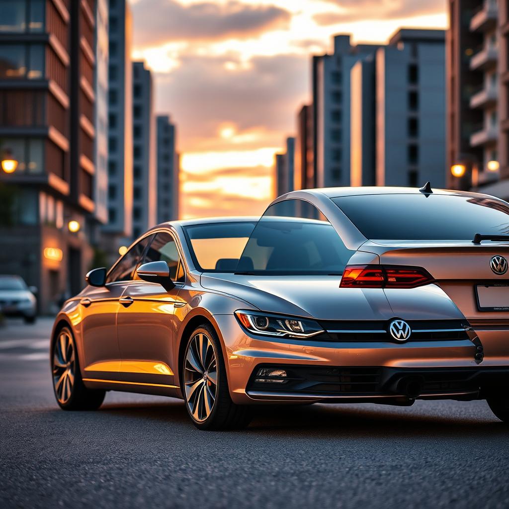 a sleek, modern Jetta car parked on a street at sunset, its metallic paint reflecting the warm hues of the sky, with dynamic lines highlighting its sporty design