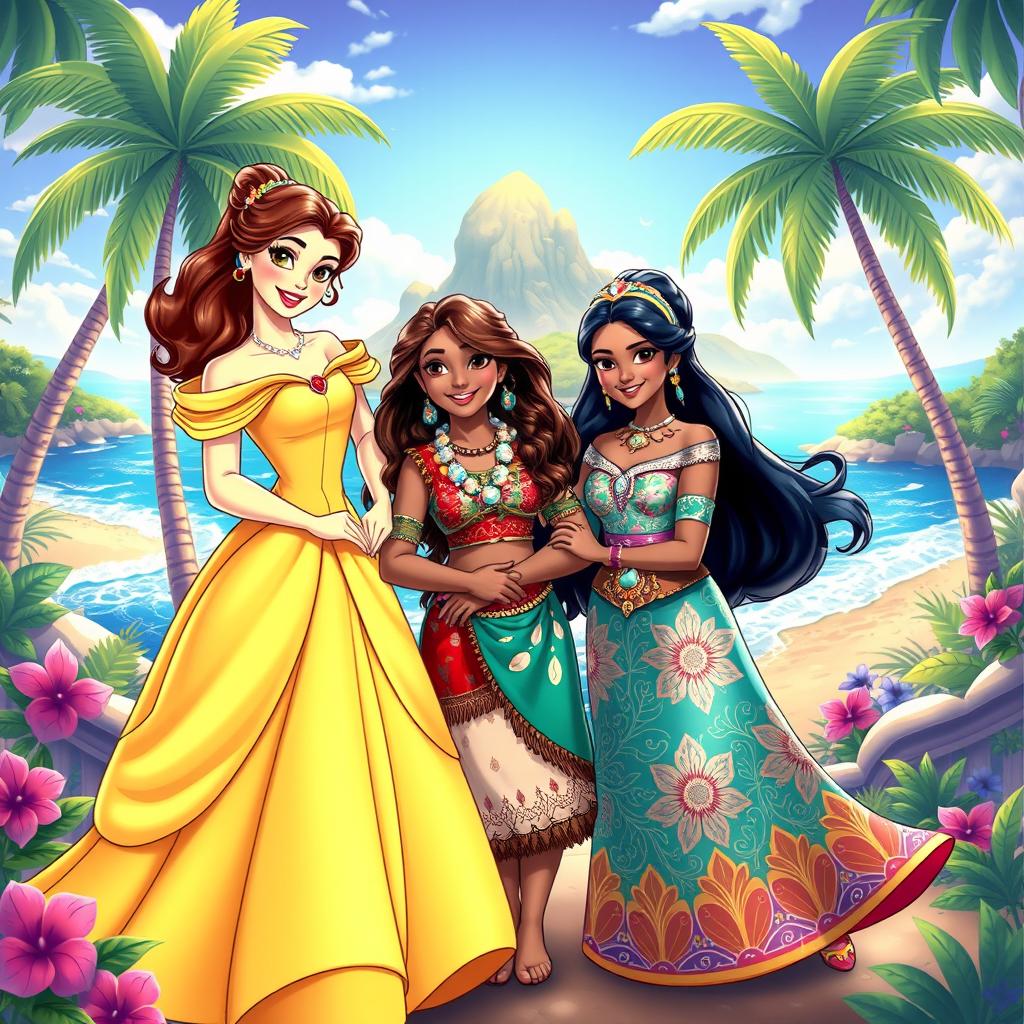 A stunning and vibrant illustration featuring Belle, Moana, and Yasmine together in a magical setting