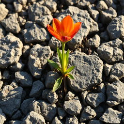 A vibrant flower blooming from a patch of rugged, gray rocks, symbolizing resilience and growth in adversity