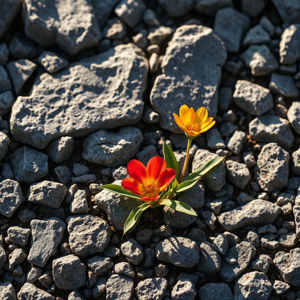 A vibrant flower blooming from a patch of rugged, gray rocks, symbolizing resilience and growth in adversity