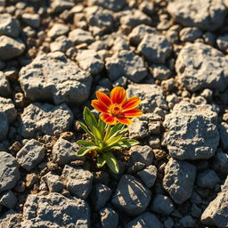 A vibrant flower blooming from a patch of rugged, gray rocks, symbolizing resilience and growth in adversity
