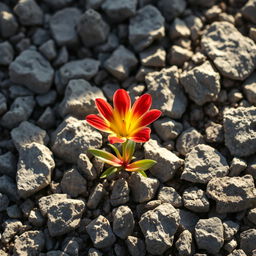 A vibrant flower blooming from a patch of rugged, gray rocks, symbolizing resilience and growth in adversity