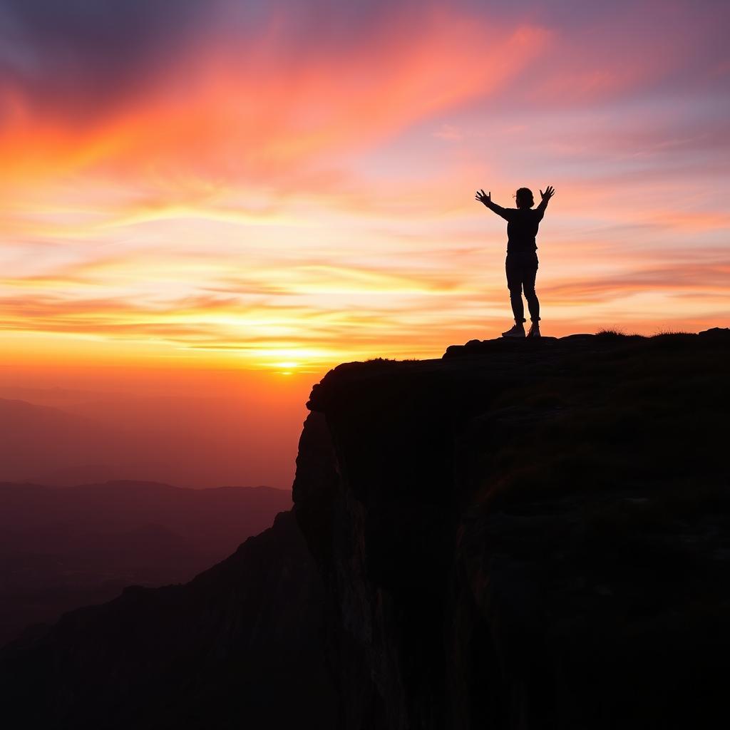 A silhouette of a person standing on the edge of a dramatic cliff at sunrise, gazing out at the horizon, symbolizing new beginnings