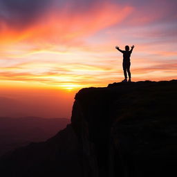 A silhouette of a person standing on the edge of a dramatic cliff at sunrise, gazing out at the horizon, symbolizing new beginnings
