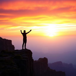 A silhouette of a person standing on the edge of a dramatic cliff at sunrise, gazing out at the horizon, symbolizing new beginnings