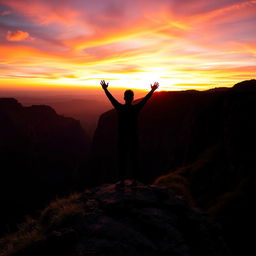A silhouette of a person standing on the edge of a dramatic cliff at sunrise, gazing out at the horizon, symbolizing new beginnings