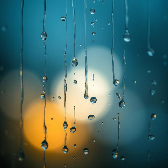 Close-up view of raindrops streaking down a windowpane, creating a sense of melancholy and reflection