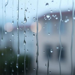 Close-up view of raindrops streaking down a windowpane, creating a sense of melancholy and reflection