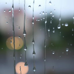 Close-up view of raindrops streaking down a windowpane, creating a sense of melancholy and reflection