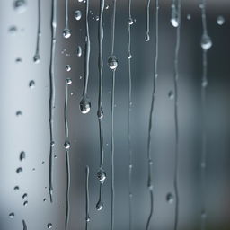 Close-up view of raindrops streaking down a windowpane, creating a sense of melancholy and reflection