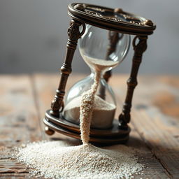An hourglass tipped over, dramatically spilling fine sand onto a weathered wooden surface, symbolizing lost time and the opportunity to start anew