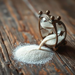 An hourglass tipped over, dramatically spilling fine sand onto a weathered wooden surface, symbolizing lost time and the opportunity to start anew