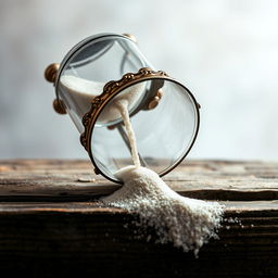 An hourglass tipped over, dramatically spilling fine sand onto a weathered wooden surface, symbolizing lost time and the opportunity to start anew