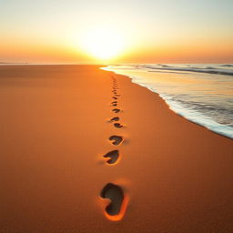 A single set of footprints gently etched in soft, golden sand on a tranquil beach, leading away into the distance