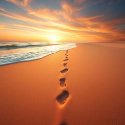 A single set of footprints gently etched in soft, golden sand on a tranquil beach, leading away into the distance