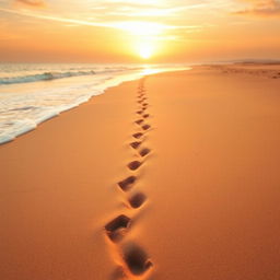 A single set of footprints gently etched in soft, golden sand on a tranquil beach, leading away into the distance