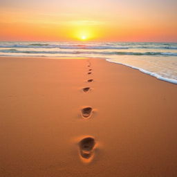 A single set of footprints gently etched in soft, golden sand on a tranquil beach, leading away into the distance