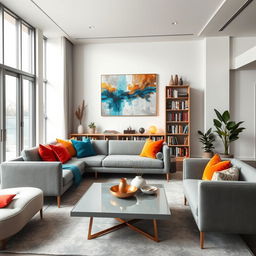 A stylish and modern living room interior featuring sleek furniture and vibrant decor