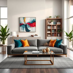 A stylish and modern living room interior featuring sleek furniture and vibrant decor
