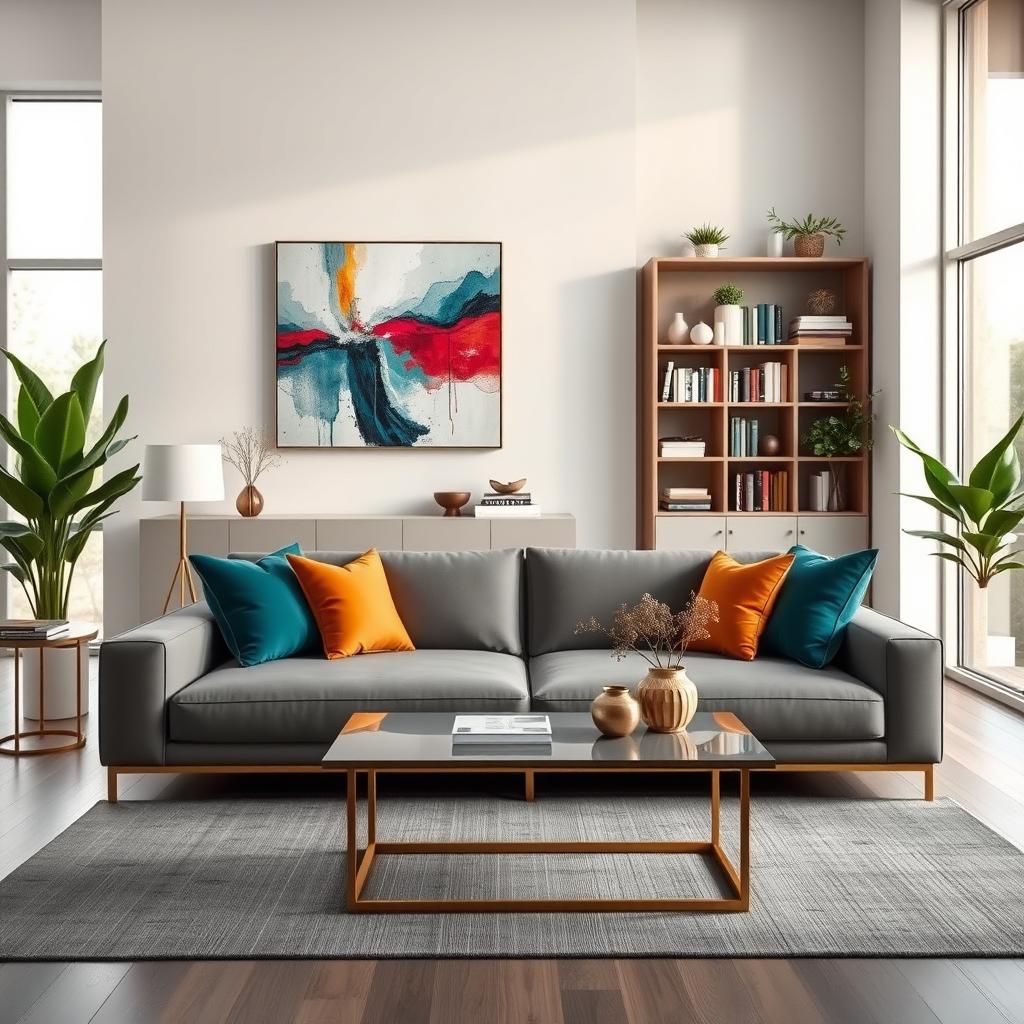 A stylish and modern living room interior featuring sleek furniture and vibrant decor