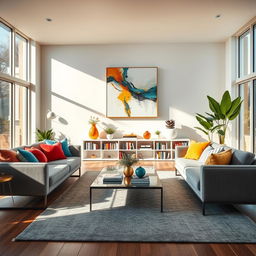 A stylish and modern living room interior featuring sleek furniture and vibrant decor