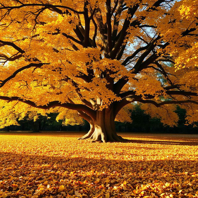 A majestic large tree shedding its vibrant golden leaves during autumn, symbolizing letting go and the natural cycle of renewal