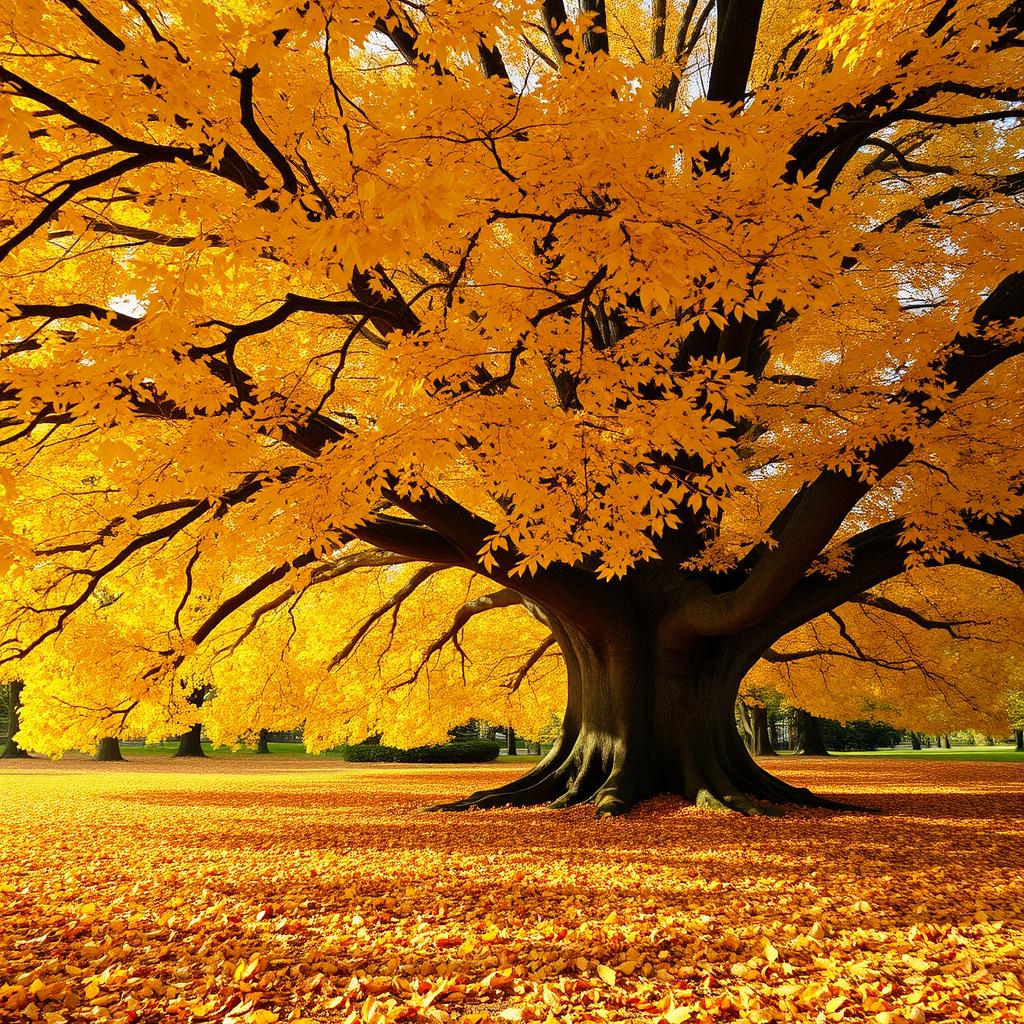 A majestic large tree shedding its vibrant golden leaves during autumn, symbolizing letting go and the natural cycle of renewal