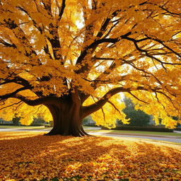 A majestic large tree shedding its vibrant golden leaves during autumn, symbolizing letting go and the natural cycle of renewal