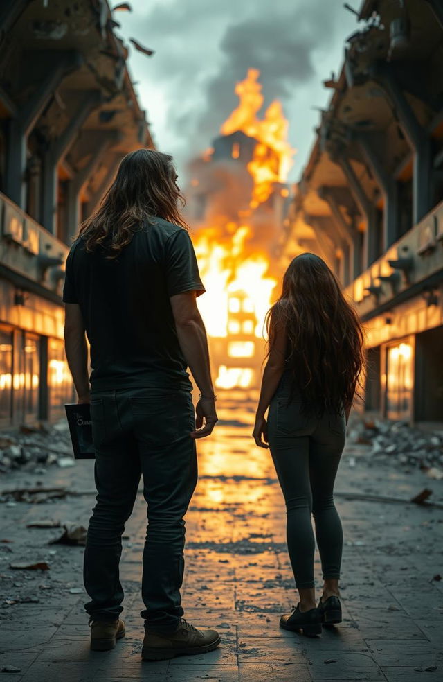 A large abandoned mall, characterized by broken glass and crumbling walls, engulfed in flames in the distance