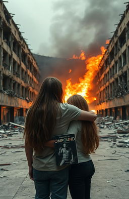 A large abandoned mall, characterized by broken glass and crumbling walls, engulfed in flames in the distance