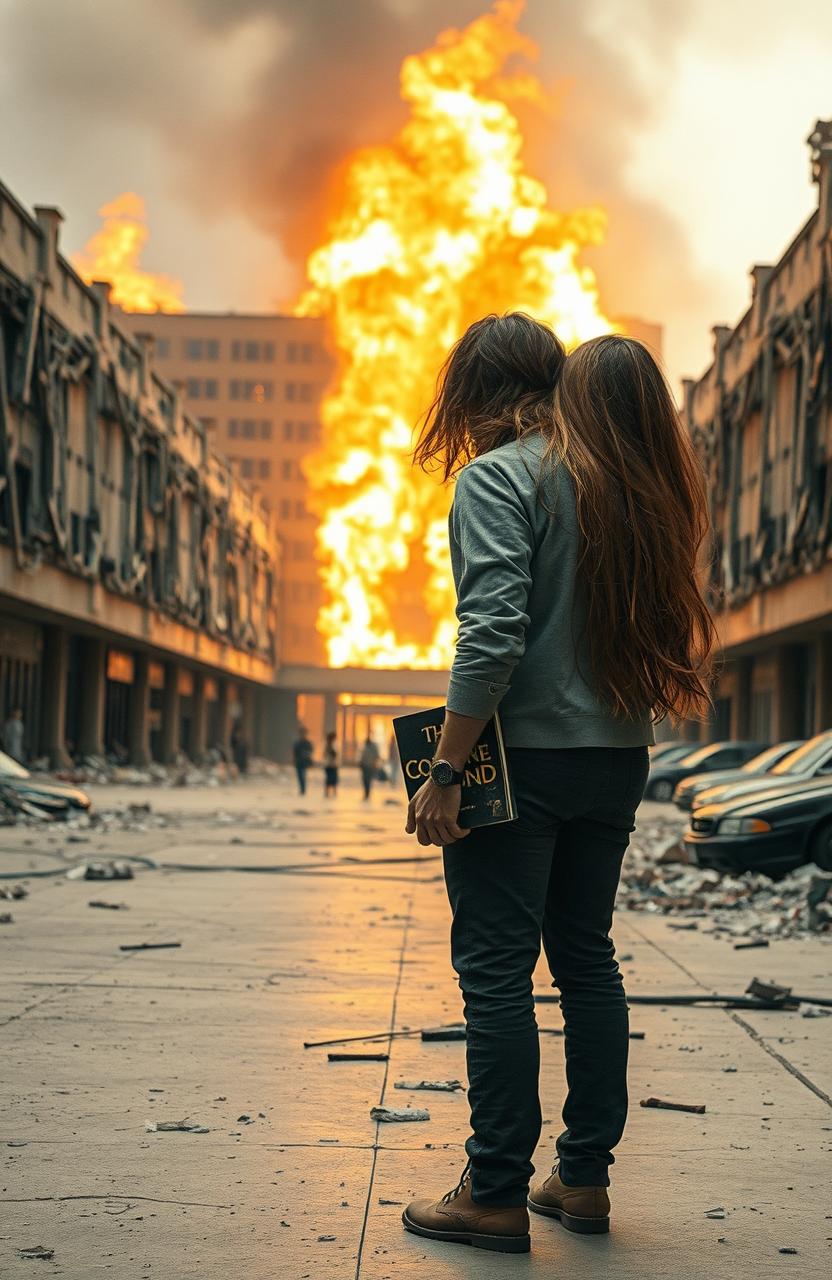 A large abandoned mall, characterized by broken glass and crumbling walls, engulfed in flames in the distance