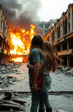 A large abandoned mall, characterized by broken glass and crumbling walls, engulfed in flames in the distance