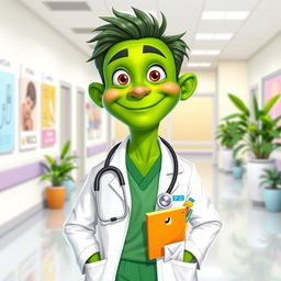 A unique and whimsical character design of a green-skinned doctor, wearing a white lab coat over vibrant green scrubs