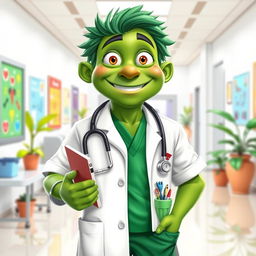 A unique and whimsical character design of a green-skinned doctor, wearing a white lab coat over vibrant green scrubs
