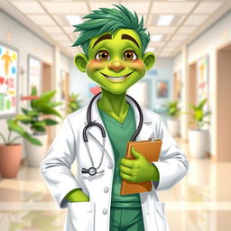 A unique and whimsical character design of a green-skinned doctor, wearing a white lab coat over vibrant green scrubs