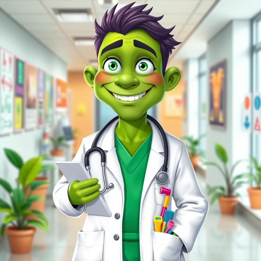 A unique and whimsical character design of a green-skinned doctor, wearing a white lab coat over vibrant green scrubs