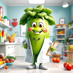 A whimsical green vegetable character designed to resemble a doctor, complete with a white lab coat, a stethoscope hanging around its neck, and a friendly smile