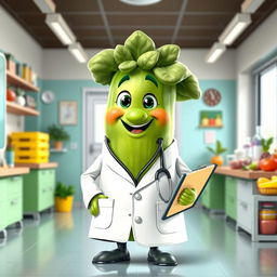 A whimsical green vegetable character designed to resemble a doctor, complete with a white lab coat, a stethoscope hanging around its neck, and a friendly smile