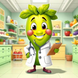 A whimsical green vegetable character designed to resemble a doctor, complete with a white lab coat, a stethoscope hanging around its neck, and a friendly smile