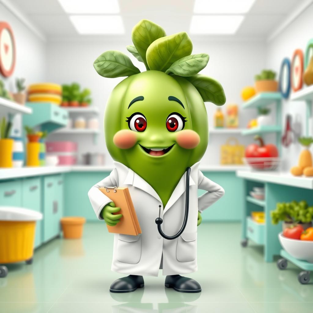 A whimsical green vegetable character designed to resemble a doctor, complete with a white lab coat, a stethoscope hanging around its neck, and a friendly smile