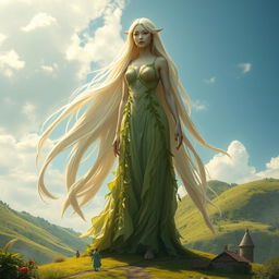 A majestic giantess standing tall in a lush green landscape, her long flowing hair cascading down her back