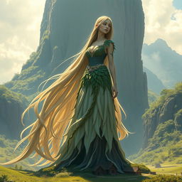 A majestic giantess standing tall in a lush green landscape, her long flowing hair cascading down her back