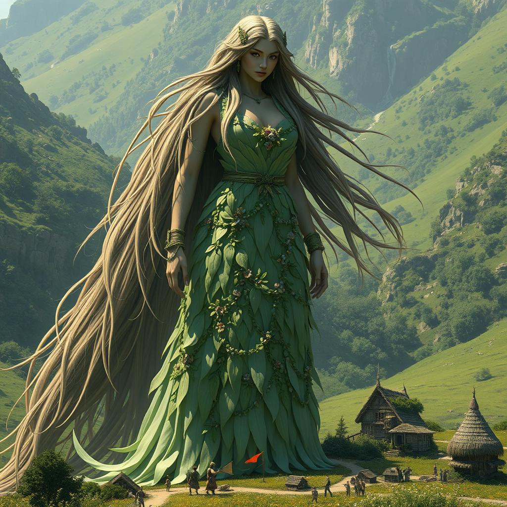 A majestic giantess standing tall in a lush green landscape, her long flowing hair cascading down her back