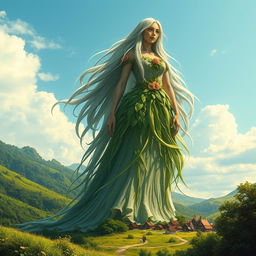 A majestic giantess standing tall in a lush green landscape, her long flowing hair cascading down her back