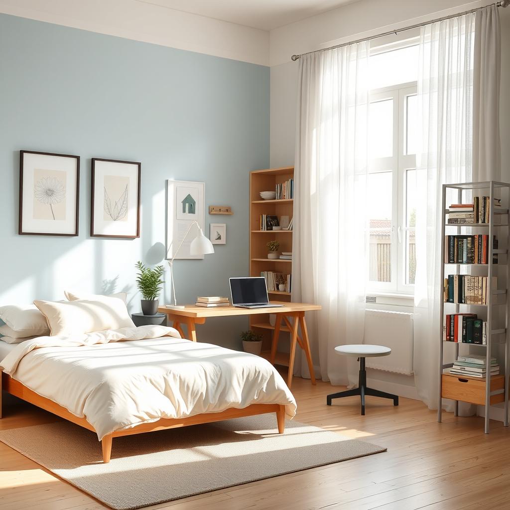 A beautifully organized room featuring a neatly made bed with a soft, pastel-colored duvet and fluffy pillows on it