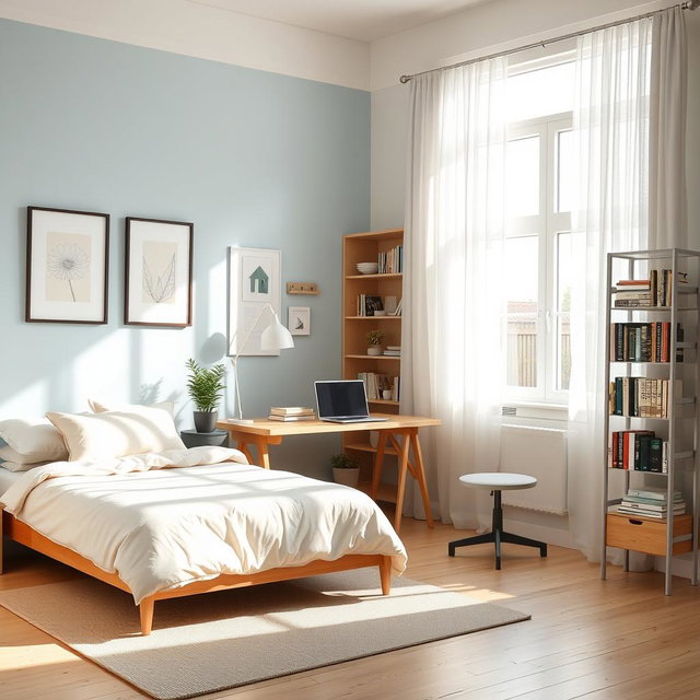 A beautifully organized room featuring a neatly made bed with a soft, pastel-colored duvet and fluffy pillows on it