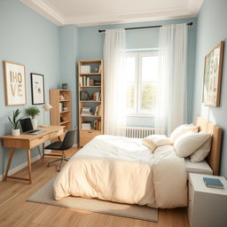 A beautifully organized room featuring a neatly made bed with a soft, pastel-colored duvet and fluffy pillows on it