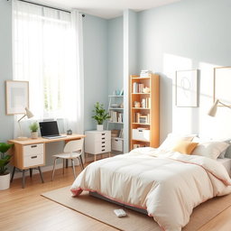A beautifully organized room featuring a neatly made bed with a soft, pastel-colored duvet and fluffy pillows on it