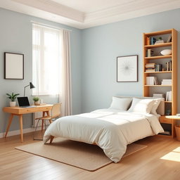 A beautifully organized room featuring a neatly made bed with a soft, pastel-colored duvet and fluffy pillows on it